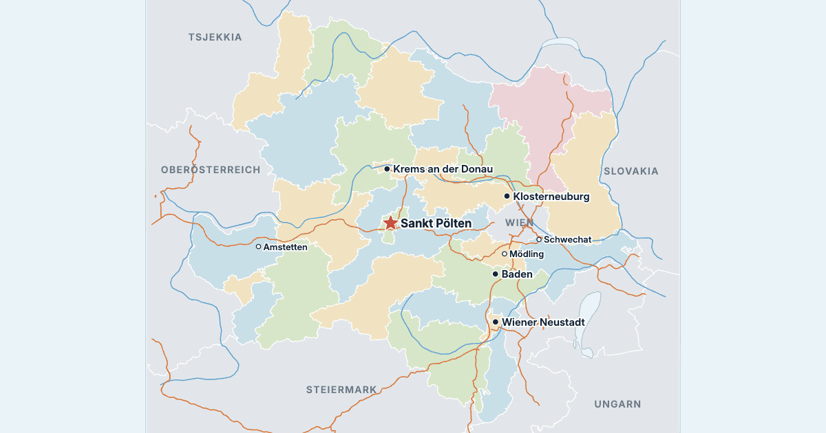 Kart over Niederösterreich med de største byene