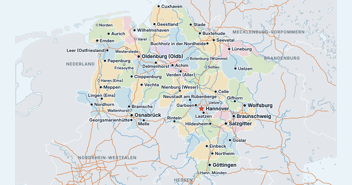 Kart over Niedersachsen med de største byene