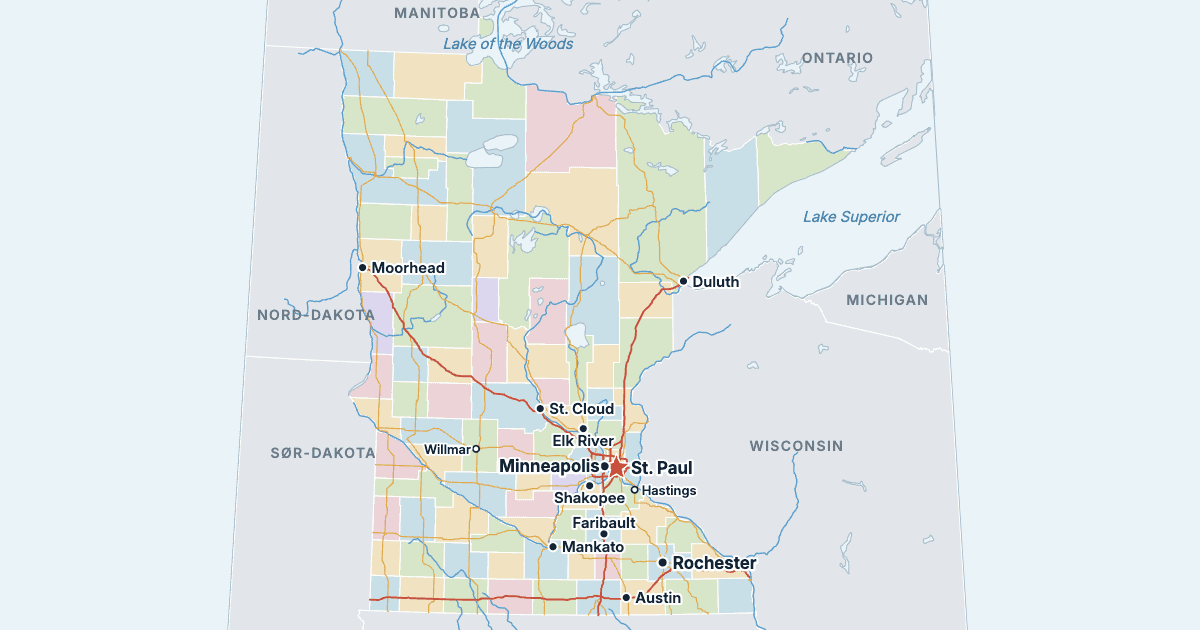 Kart over Minnesota med de største byene