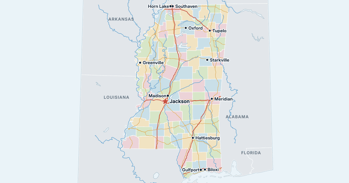 Kart over Mississippi med de største byene
