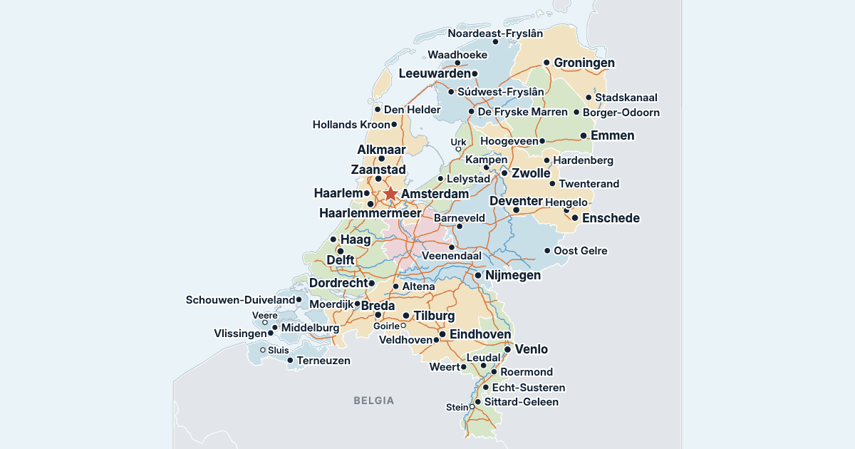 Kart over Nederland med de største byene