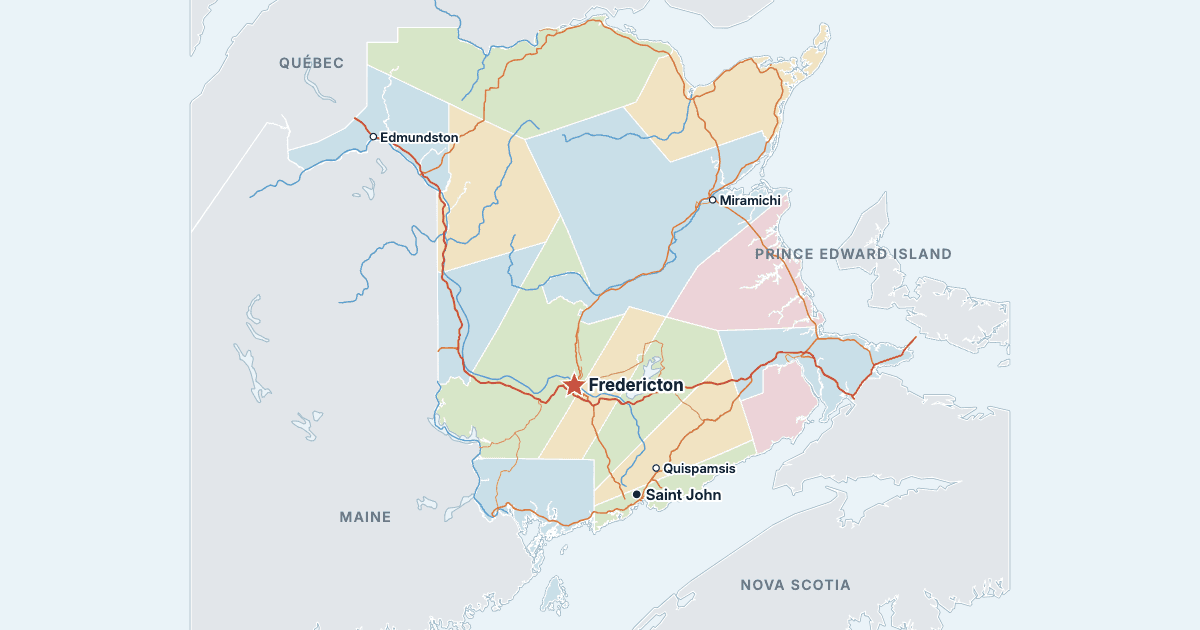 Kart over New Brunswick med de største byene