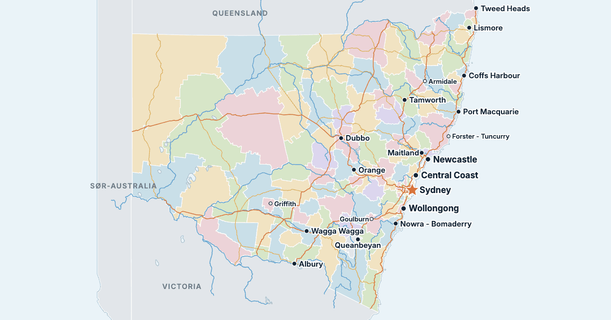 Kart over New South Wales med de største byene