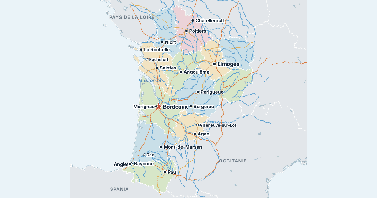 Kart over Nouvelle-Aquitaine med de største byene