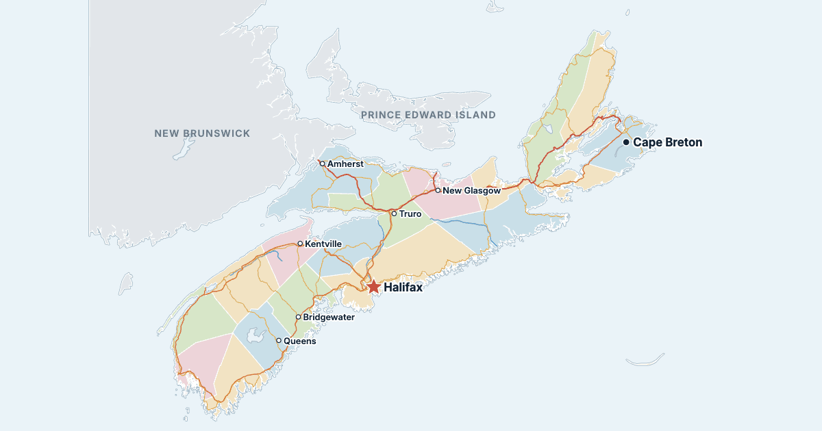 Kart over Nova Scotia med de største byene