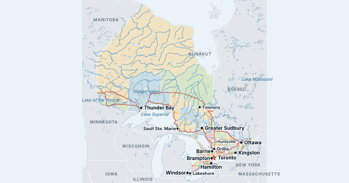 Kart over Ontario med de største byene