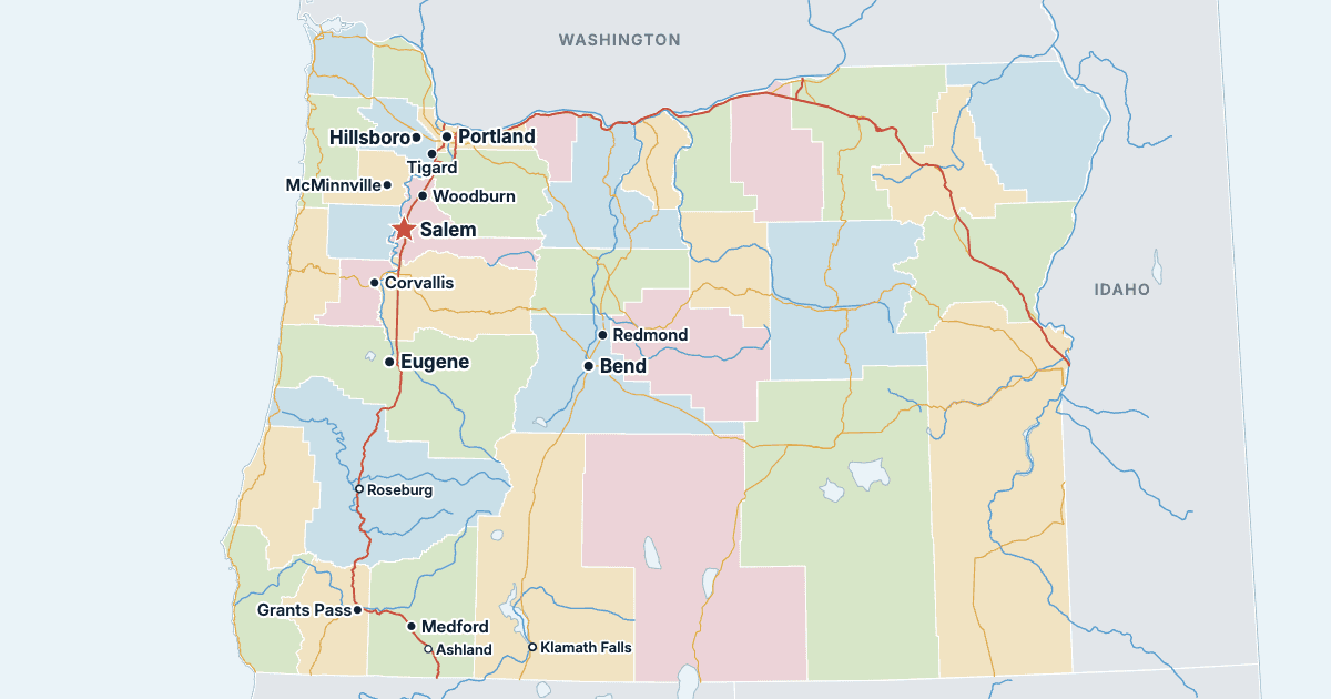 Kart over Oregon med de største byene