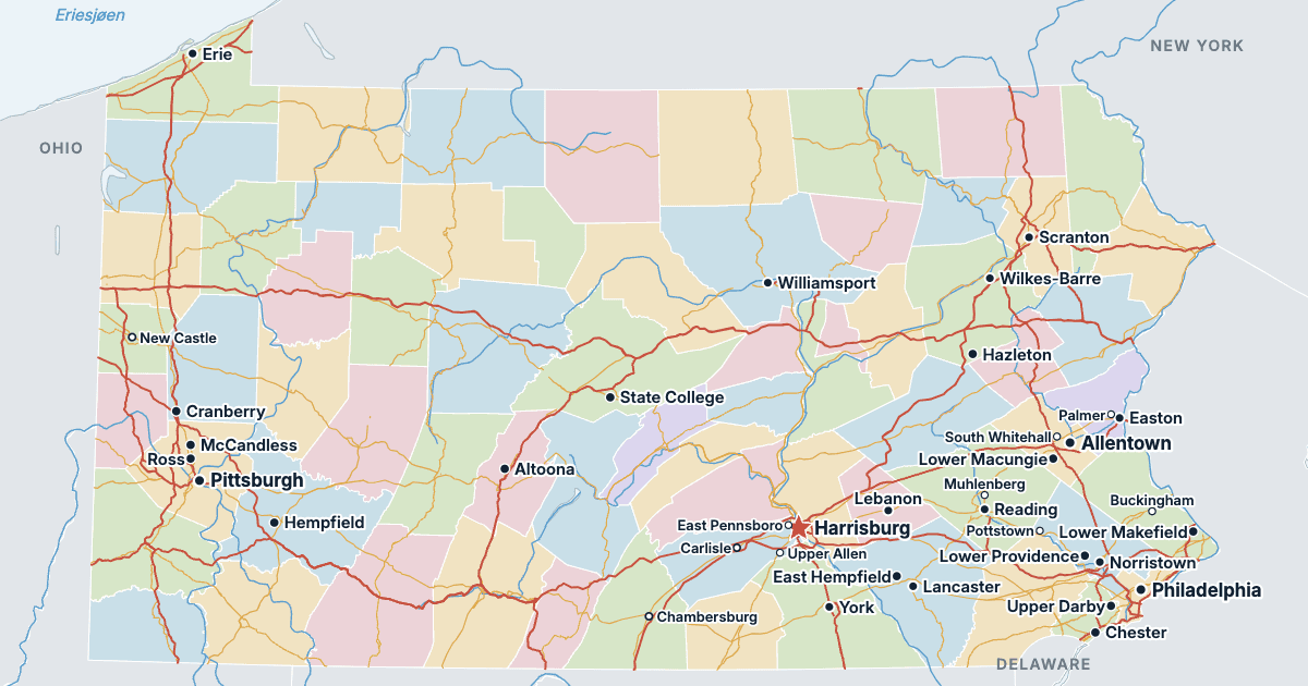 Kart over Pennsylvania med de største byene