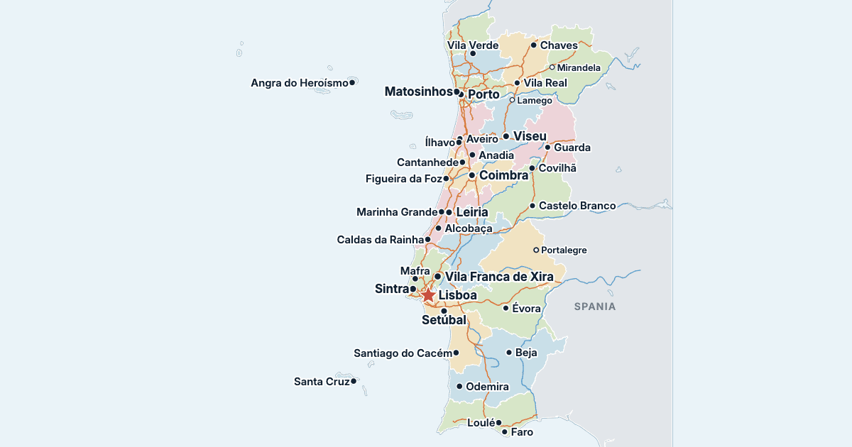 Kart over Portugal med de største byene
