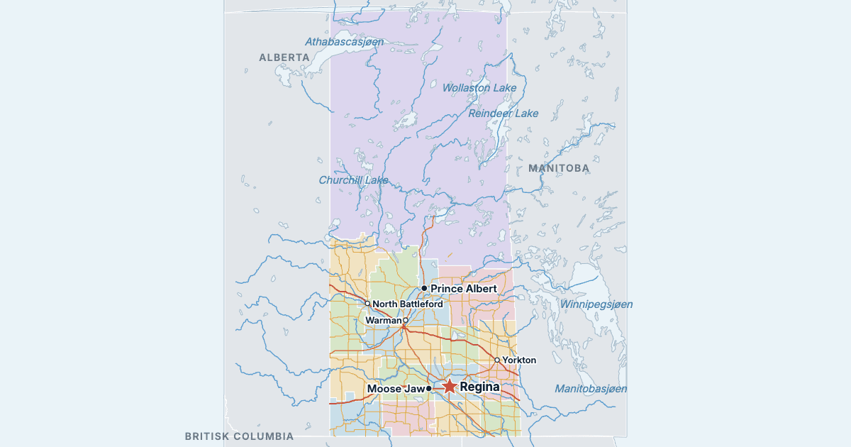 Kart over Saskatchewan med de største byene