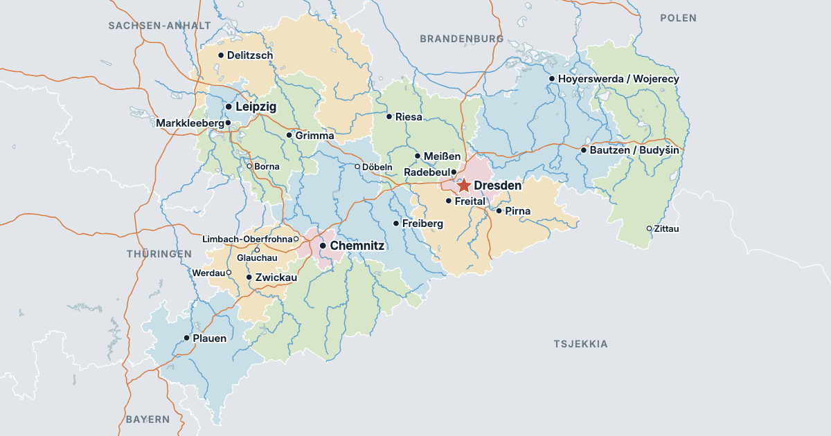 Kart over Sachsen med de største byene