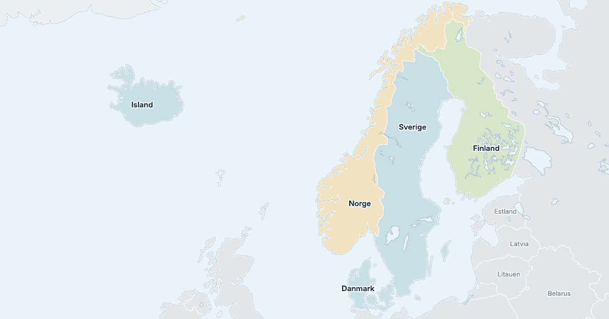 Kart over Skandinavia: alle land med navn