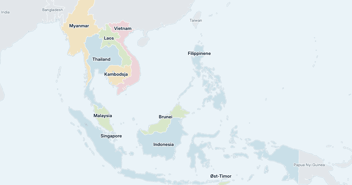 Kart over Sørøst-Asia: alle land med navn