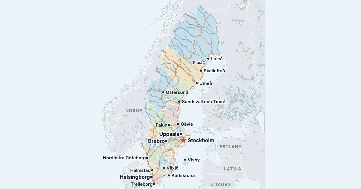 Kart over Sverige med de største byene