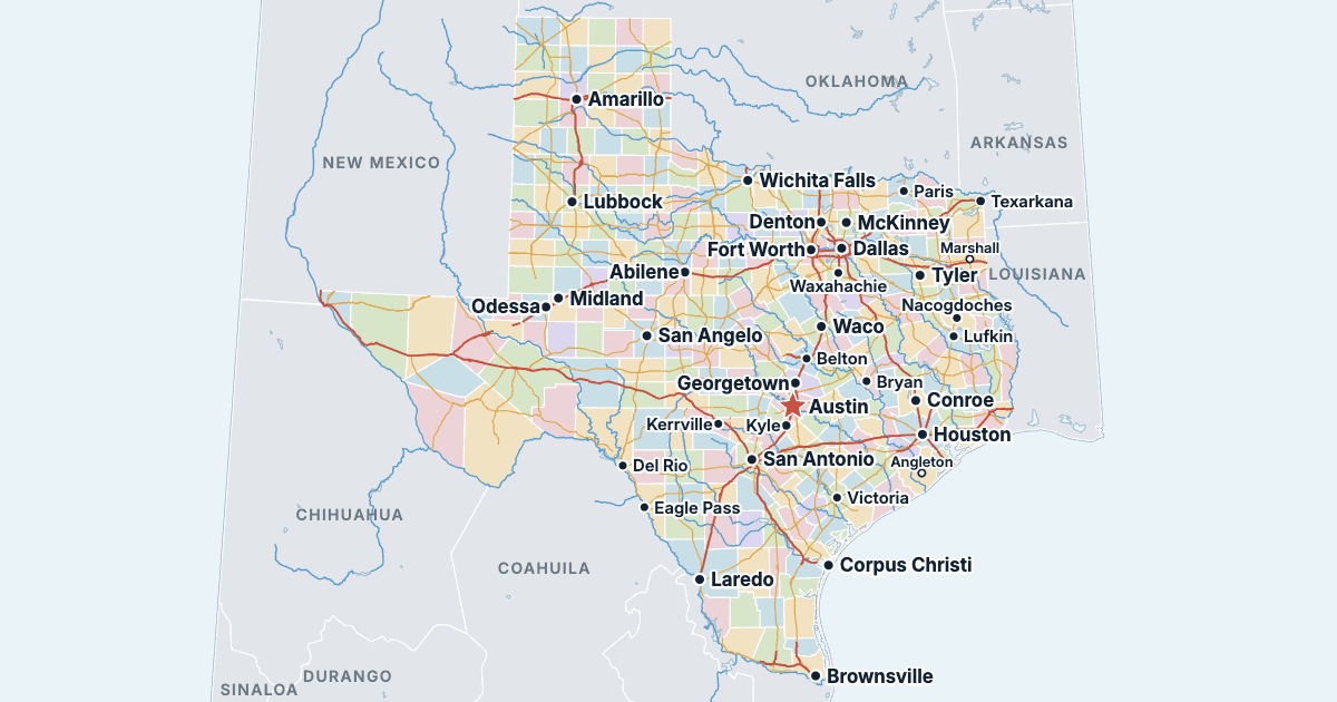 Kart over Texas med de største byene
