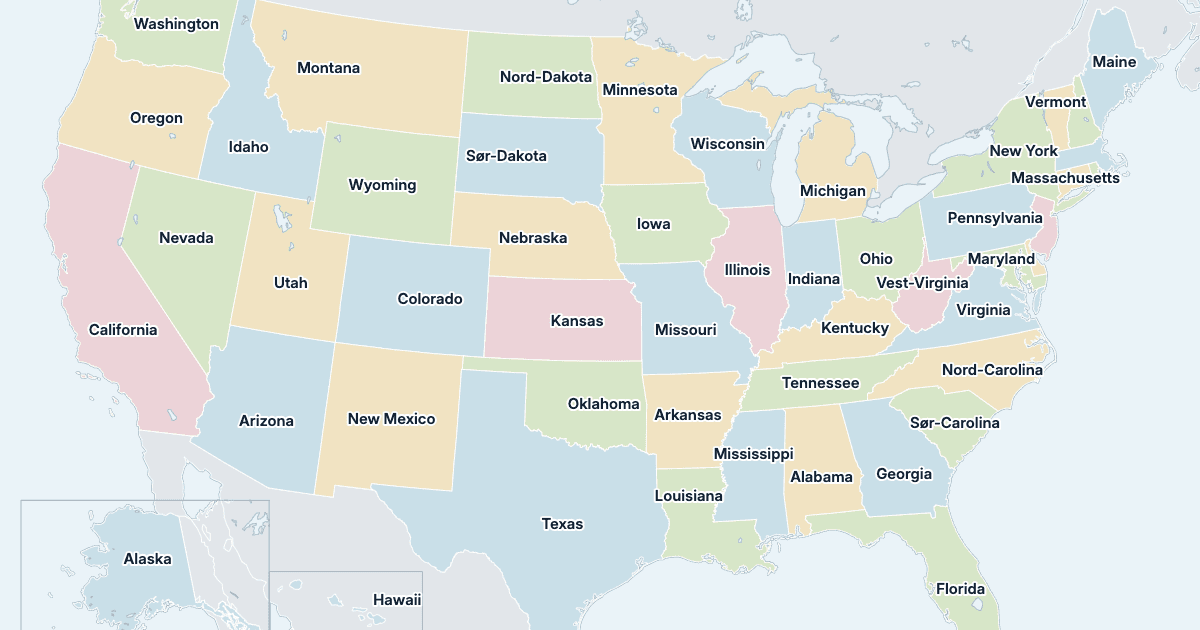 Kart over USA: alle delstater med navn