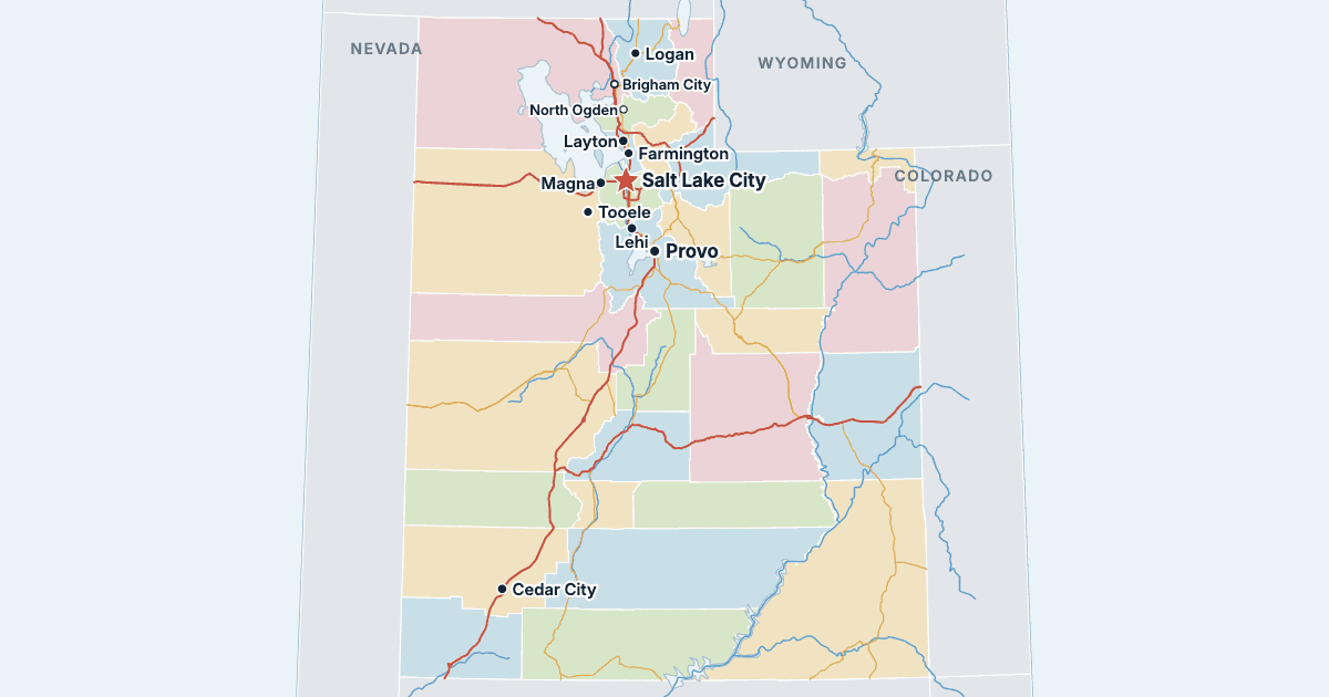 Kart over Utah med de største byene