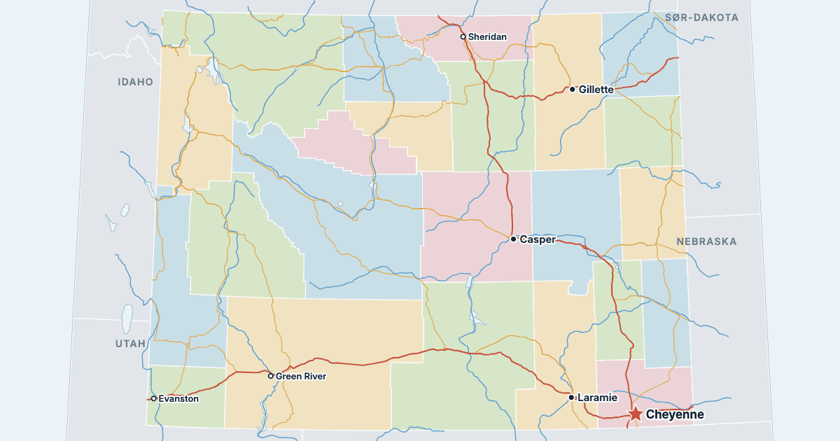 Kart over Wyoming med de største byene
