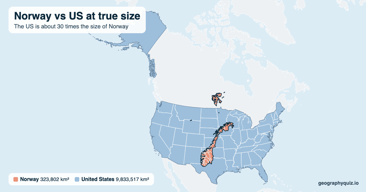 Norway vs US size comparison map: Norway laid over the US at true size. The US is about 30 times the size of Norway.