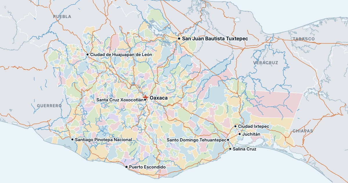 Map of Oaxaca with its largest cities