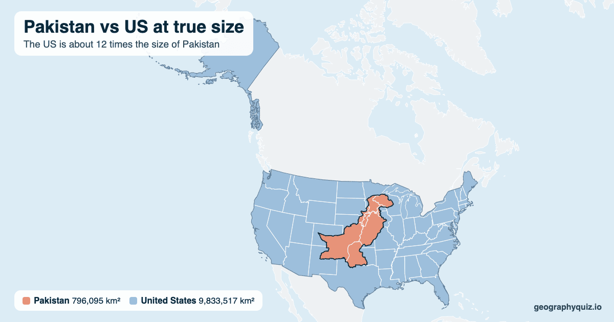 Pakistan vs US size comparison map: Pakistan laid over the US at true size. The US is about 12 times the size of Pakistan.