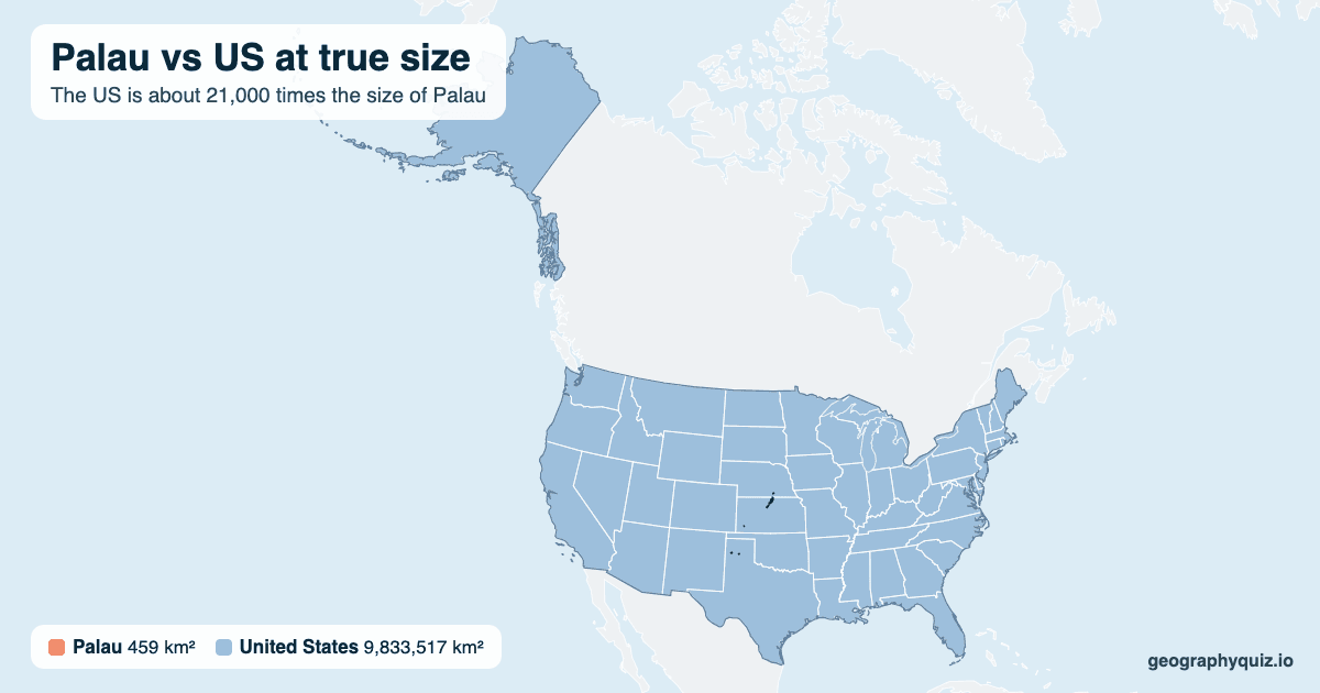 Palau vs US size comparison map: Palau laid over the US at true size. The US is about 21,000 times the size of Palau.