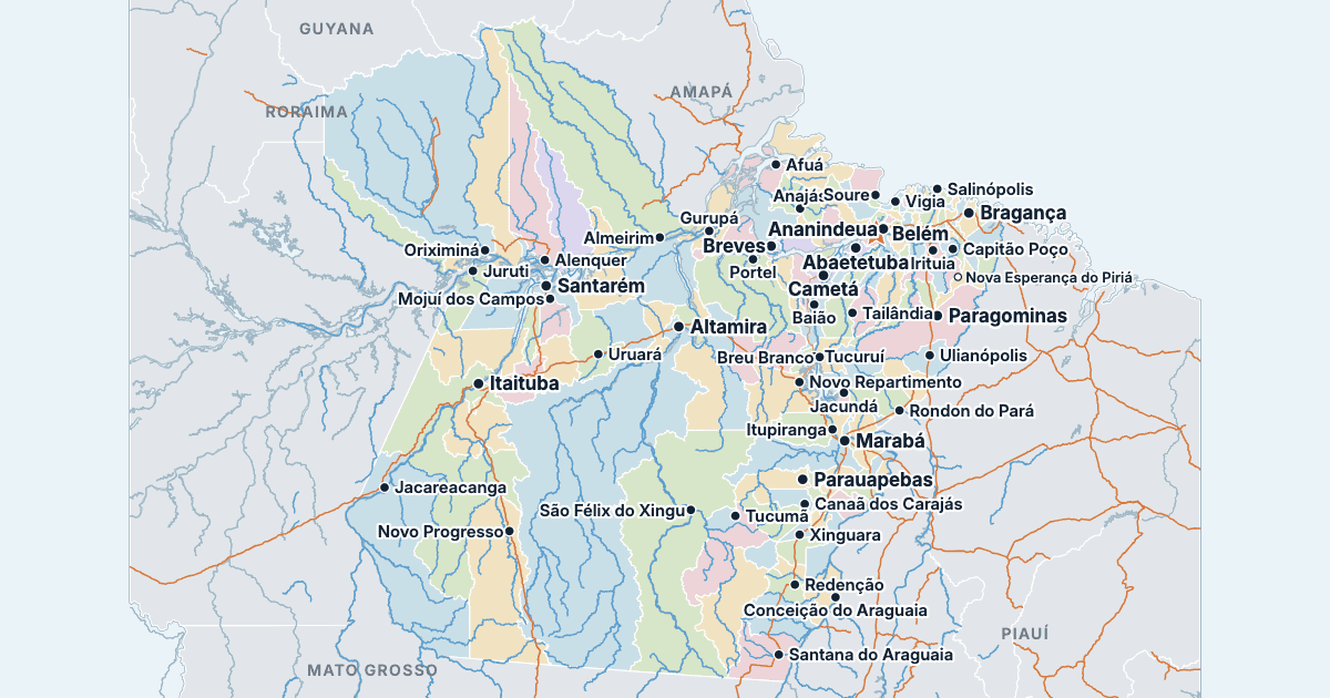 Map of Pará with its largest cities