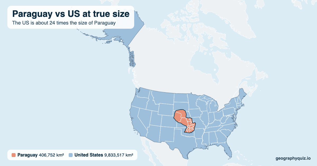 Paraguay vs US size comparison map: Paraguay laid over the US at true size. The US is about 24 times the size of Paraguay.