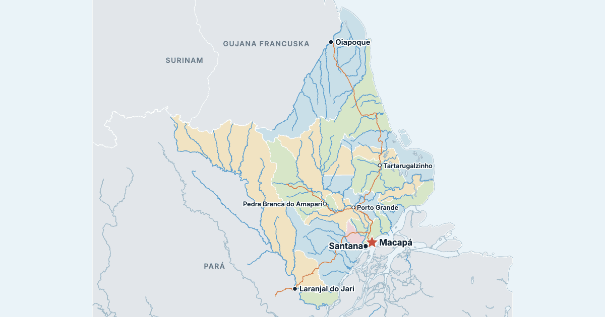 Mapa stanu Amapá z największymi miastami