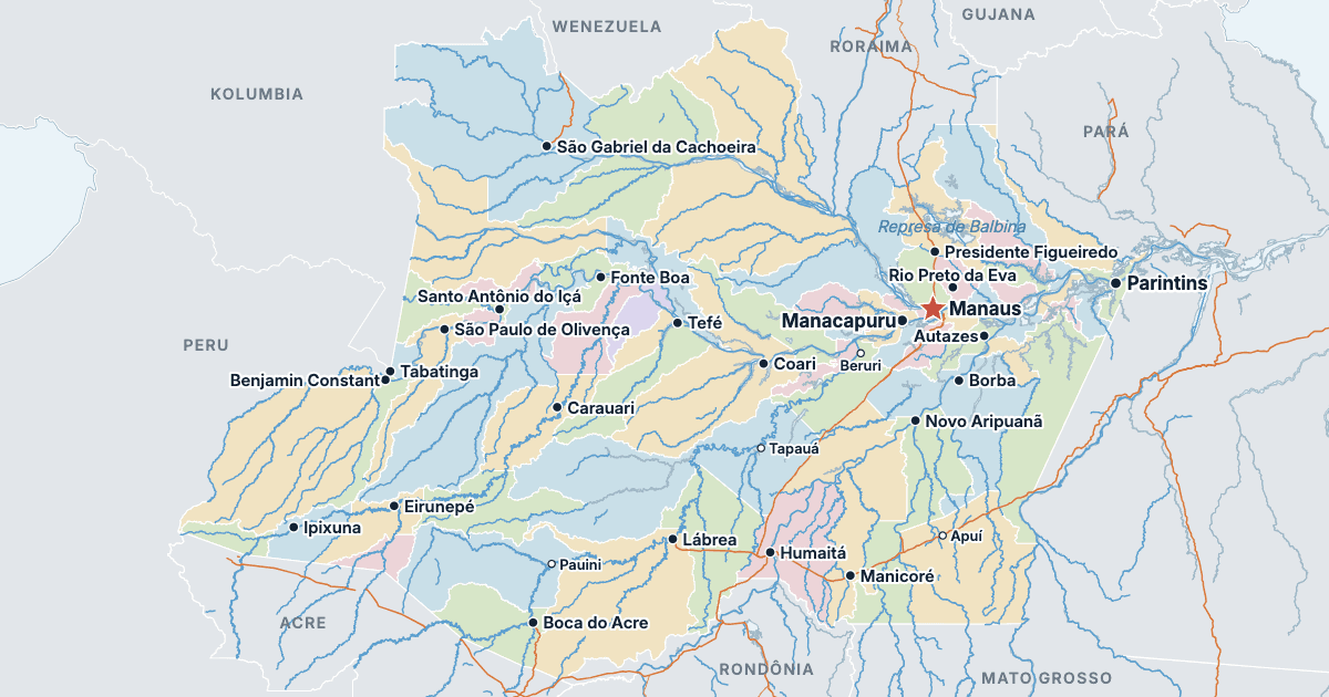Mapa stanu Amazonas z największymi miastami