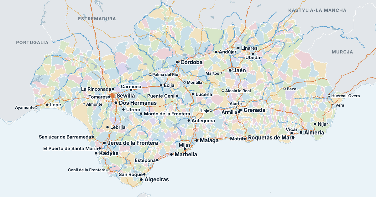 Mapa Andaluzji z największymi miastami