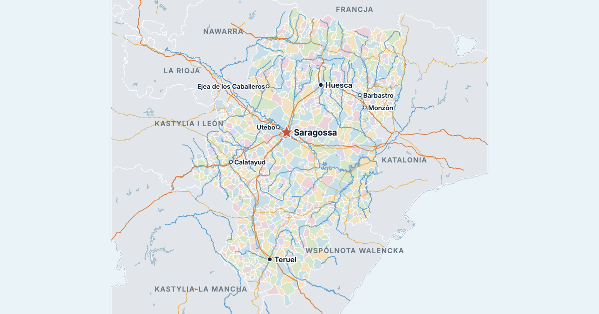 Mapa Aragonii z największymi miastami