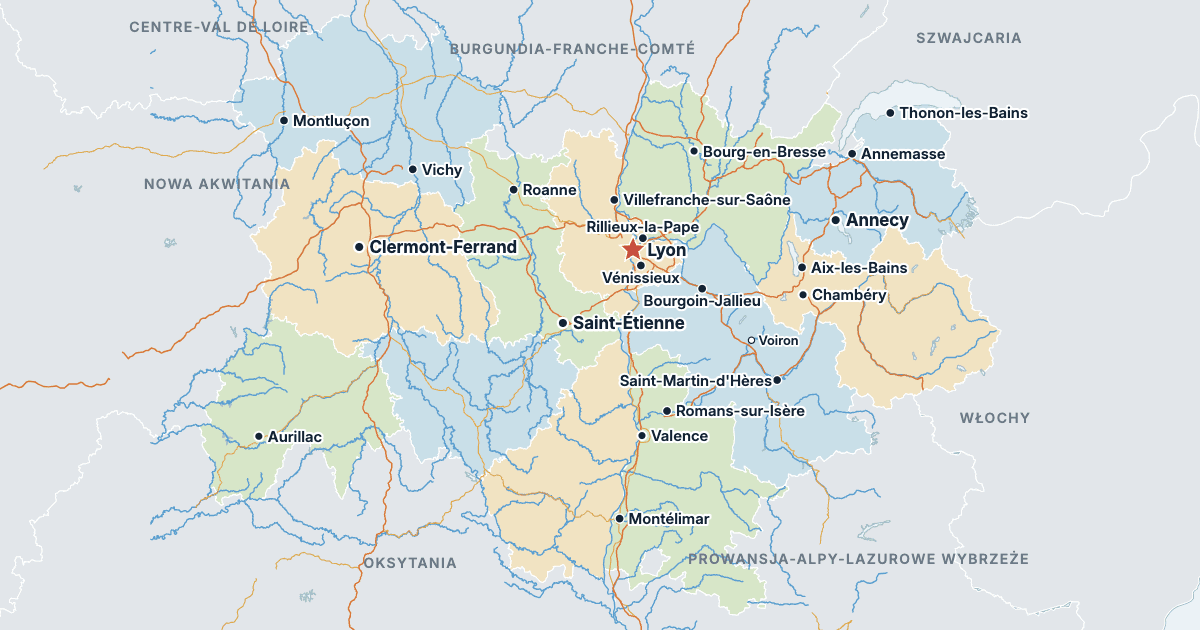 Mapa Owernii-Rodanu-Alp z największymi miastami