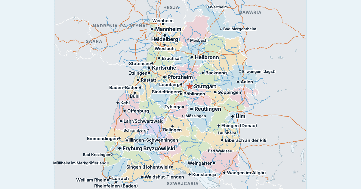 Mapa Badenii-Wirtembergii z największymi miastami