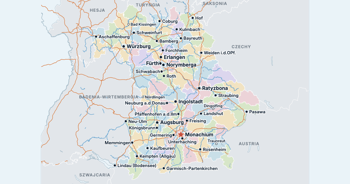 Mapa Bawarii z największymi miastami
