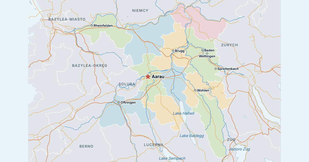Mapa kantonu Argowia z największymi miastami