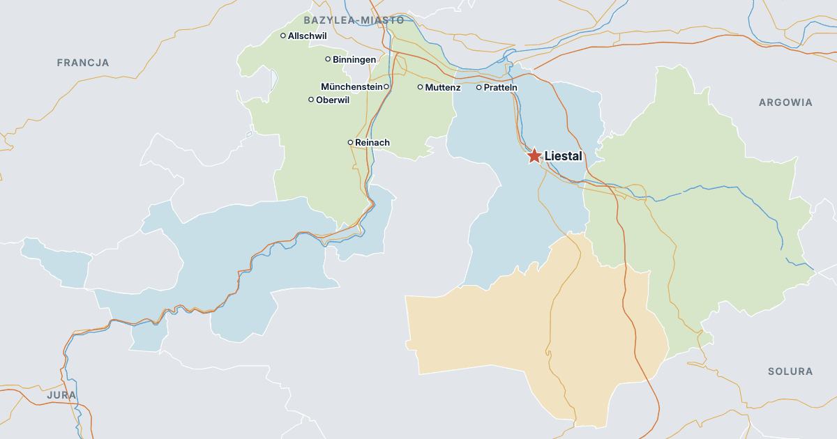 Mapa kantonu Bazylea-Okręg z największymi miastami