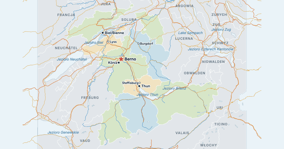 Mapa kantonu Berno z największymi miastami