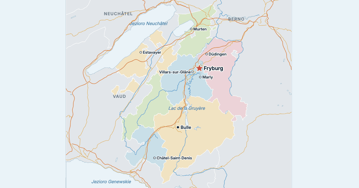Mapa kantonu Fryburg z największymi miastami