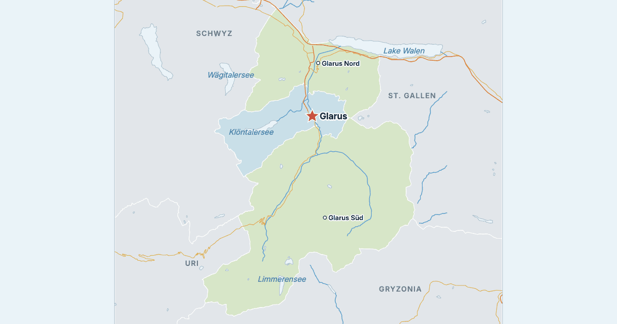 Mapa kantonu Glarus z największymi miastami
