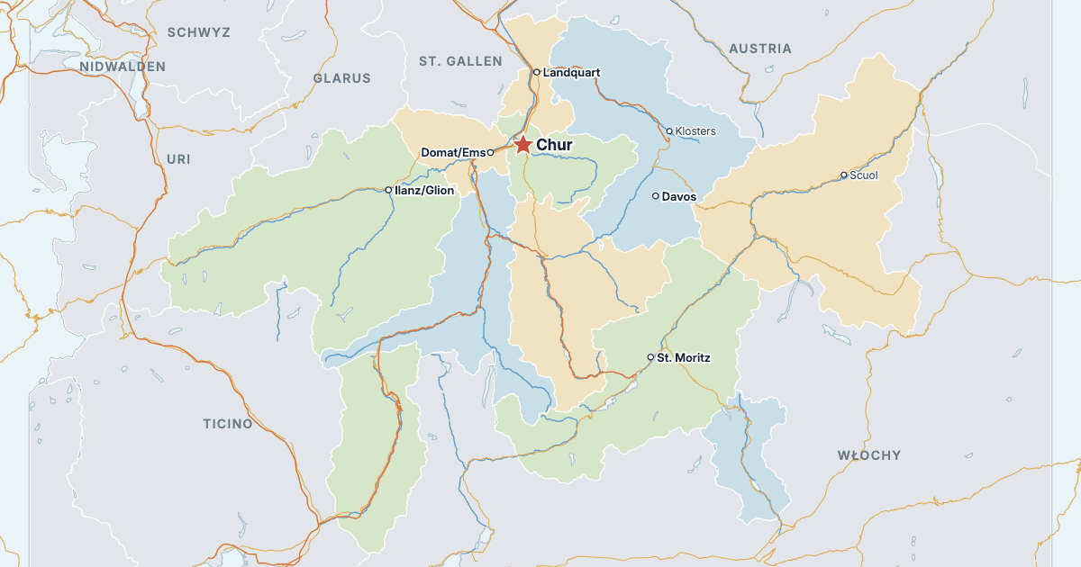 Mapa kantonu Gryzonia z największymi miastami