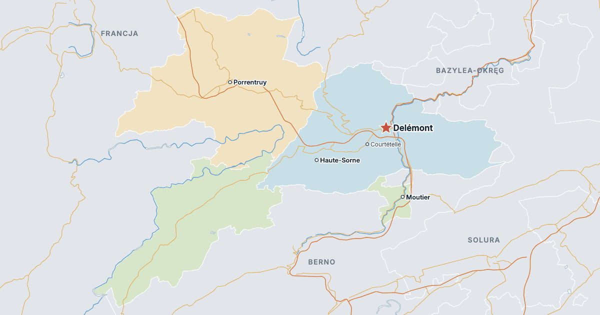 Mapa kantonu Jura z największymi miastami
