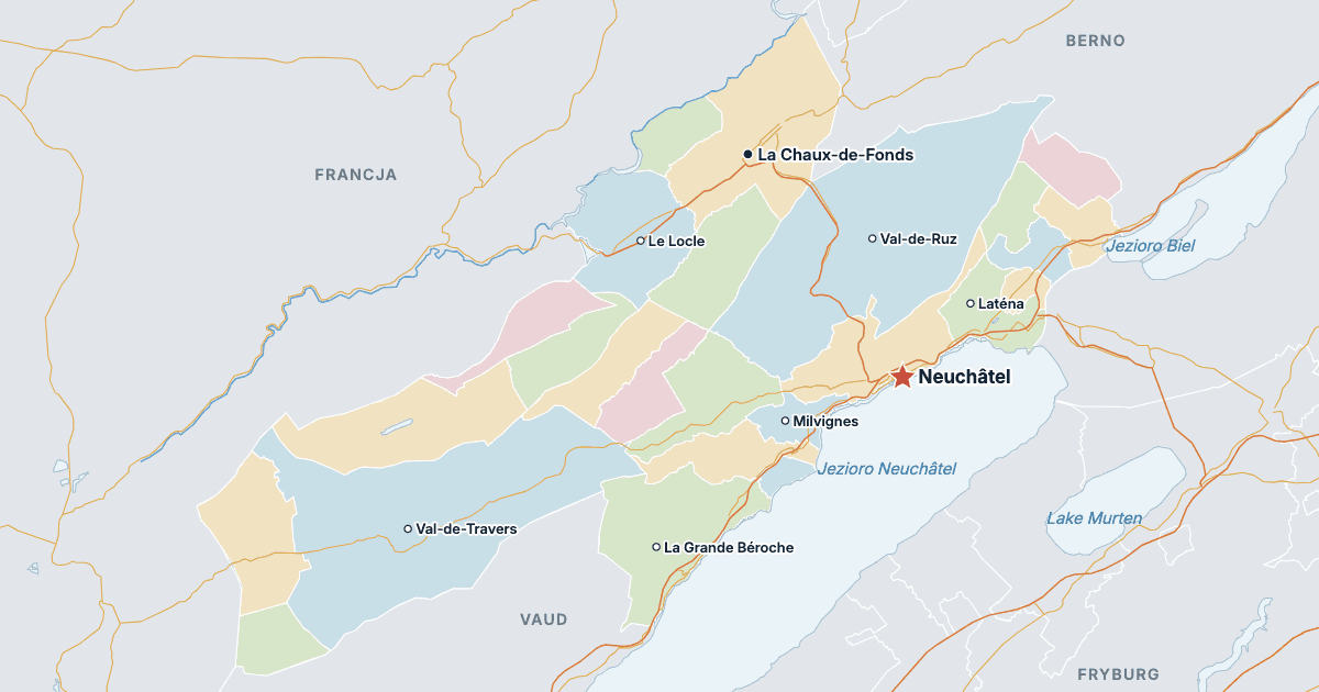 Mapa kantonu Neuchâtel z największymi miastami