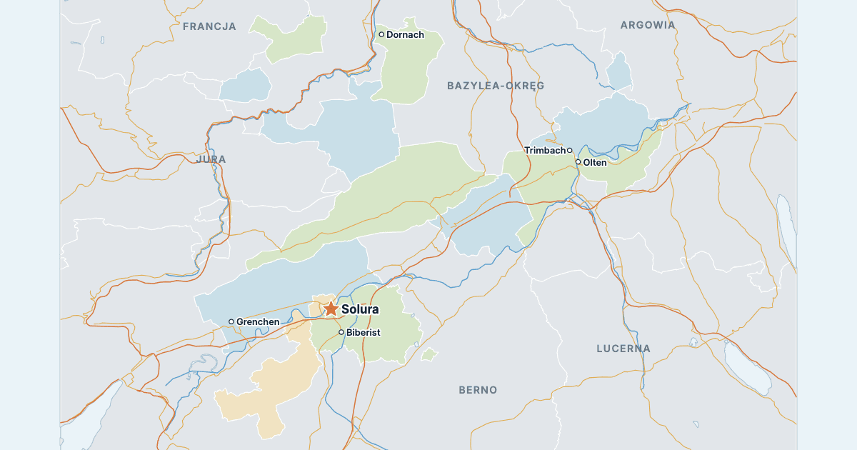 Mapa kantonu Solura z największymi miastami