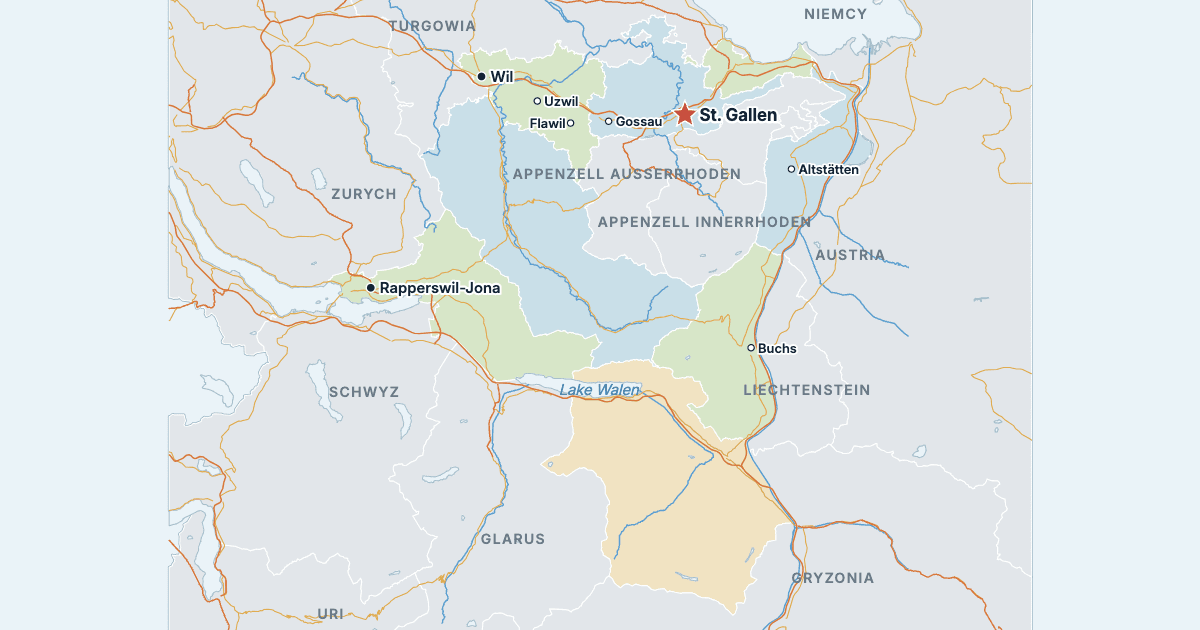 Mapa kantonu St. Gallen z największymi miastami