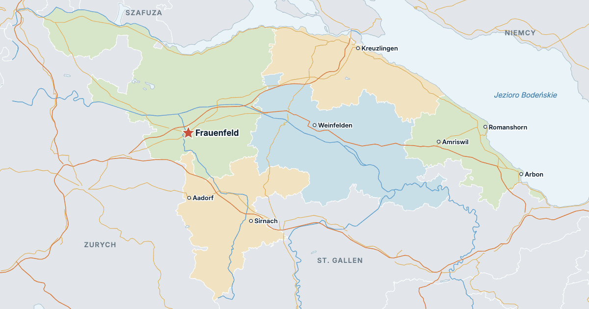 Mapa kantonu Turgowia z największymi miastami