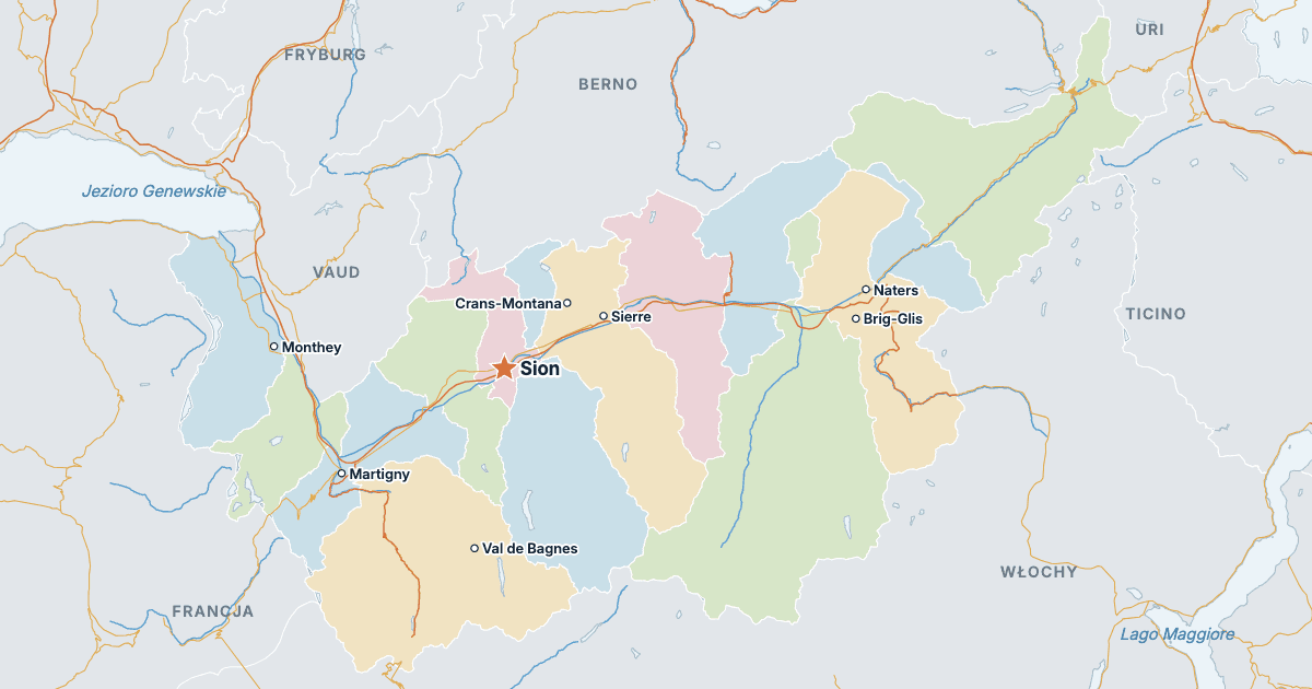 Mapa kantonu Valais z największymi miastami