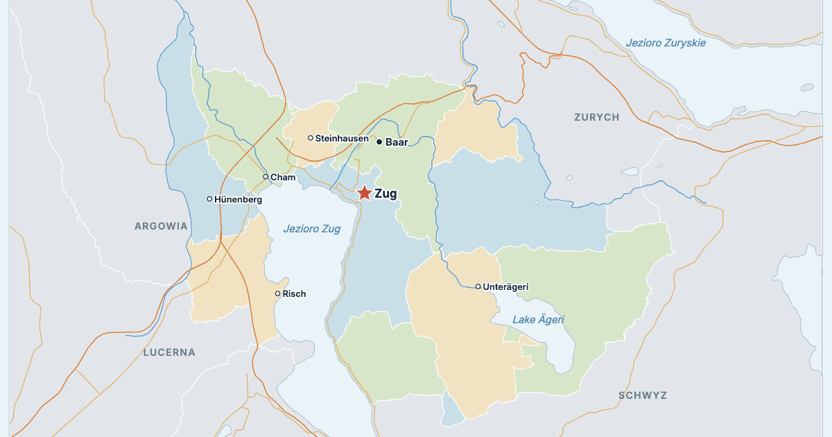 Mapa kantonu Zug z największymi miastami