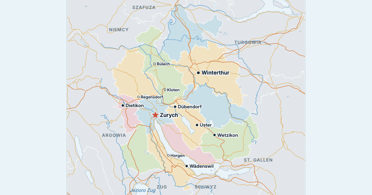 Mapa kantonu Zurych z największymi miastami