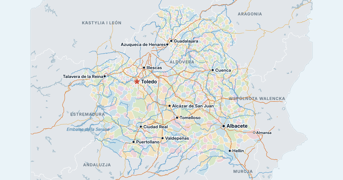 Mapa Kastylii-La Manchy z największymi miastami